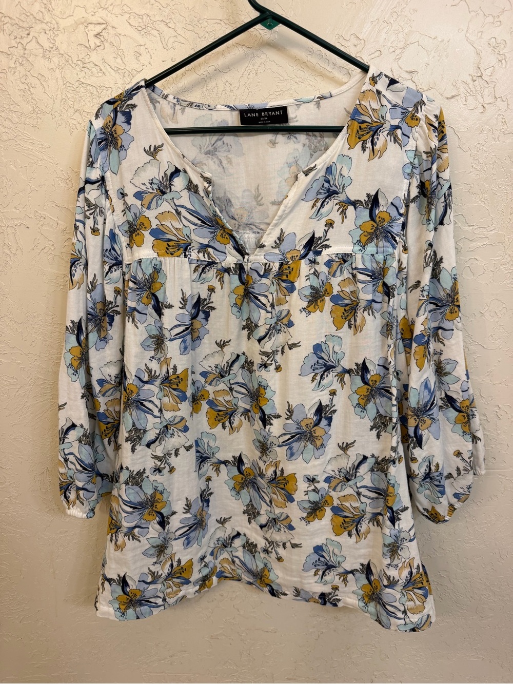 Lane Bryant White Floral V-Neck Tunic with Blue and Yellow Blooms